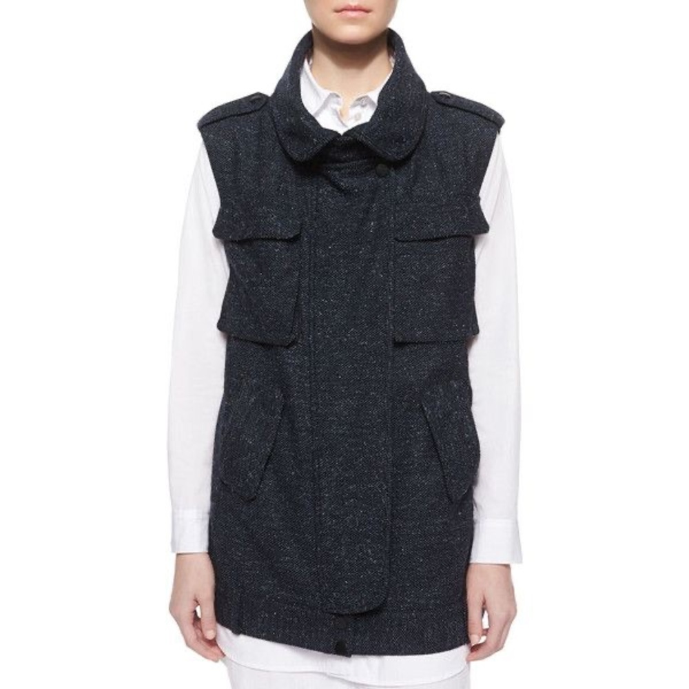 Marissa Webb Kenyon Wool Silk Blend Blue Cargo Pocket Tweed Vest EUC Size Medium